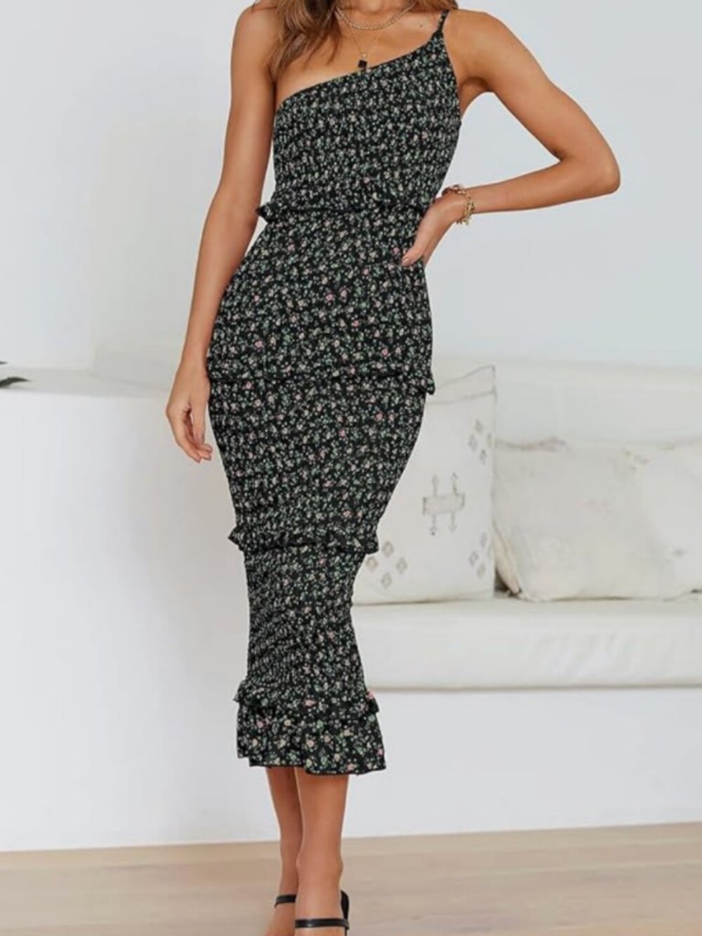 Pretty Garden Black Floral One-Shoulder Midi Dress – Size XL